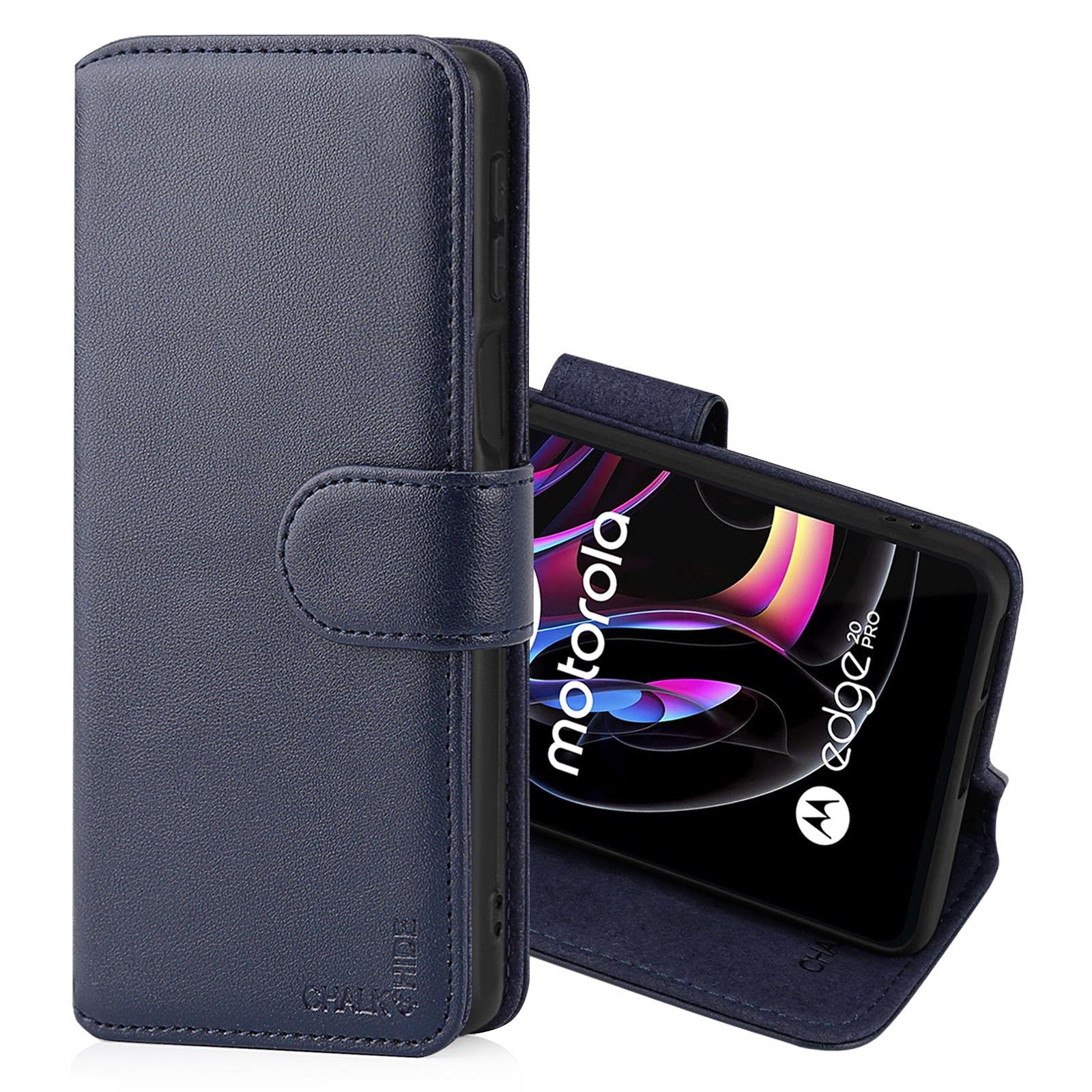 CHALK & HIDE - Real Leather Book Wallet Flip Case Cover For Motorola Moto Edge 20 Pro, Real Leather Design With Card Slot, Magnetic Closure and Built In Stand - Navy Blue