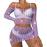 L04BABY Women's Fishnet Lingerie Set for Women Sparkly Rhinestone Off Shoulder Two Piece Lingerie Set Stripper Outfit
