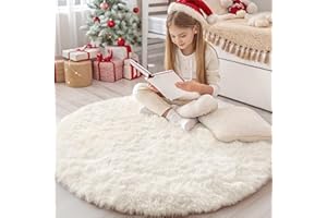 OLANLY Cream White Round Rugs for Bedroom, 4 Ft Machine Washable Circle Area Rugs for Living Room, Non-Slip Fluffy Carpet for