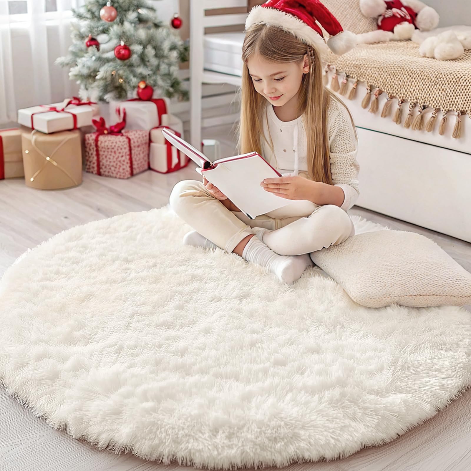 Photo 1 of OLANLY Ivory Round Rugs for Bedroom - Machine Washable, 4 ft Circle Area Rugs for Living Room, Soft and Fluffy Shaggy Carpet for Teen Girls and Boys, Nursery Rooms, Dorms, Home Decor Aesthetic