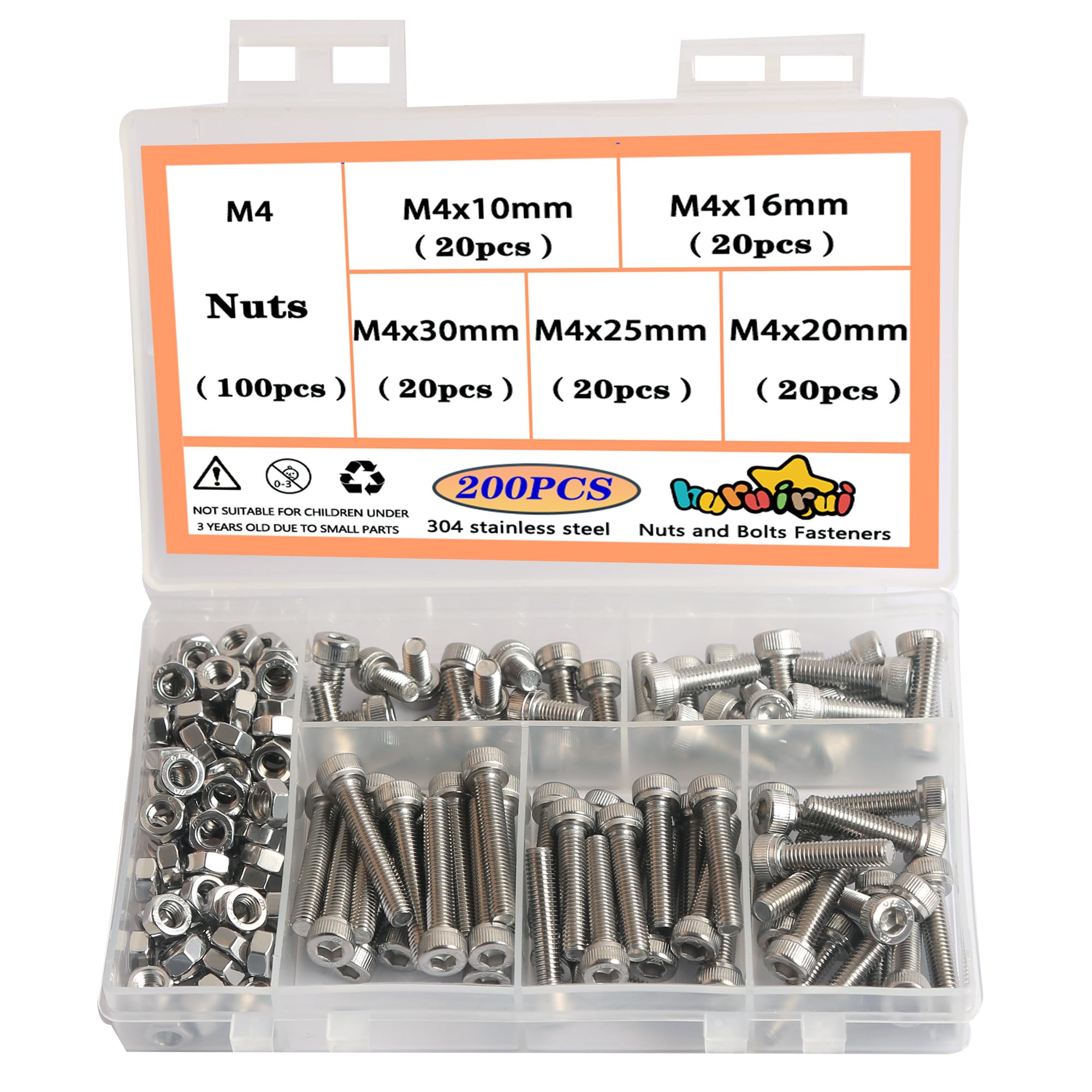 huruirui M4 Hex Socket Head Cap Screws - 304 Stainless Steel Bolts and Nuts Set - Rustproof,Nuts and Bolts for Car and Boat Accessories Machine Screw 200pcs — image 1