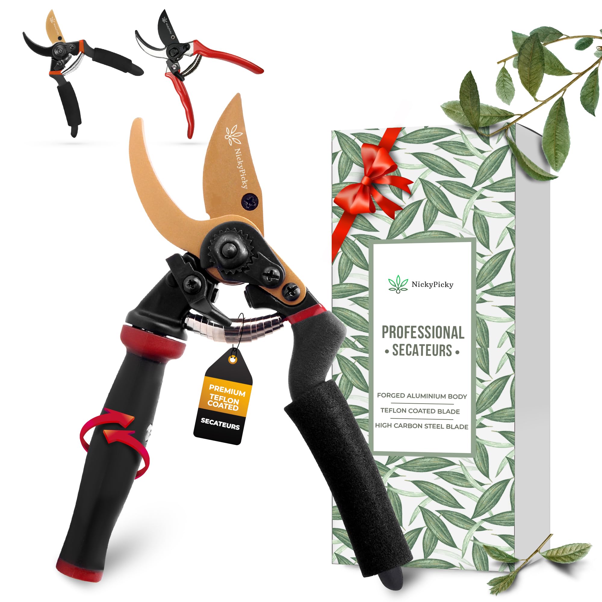 NickyPicky Secateurs Heavy Duty - Rotating Bypass Teflon-Coated, Pruning Secateurs, with SK5 Blade - Garden Clippers - Ergonomic Handle with EVA Sponge, Pruners, for Trimming & Shearing - Black