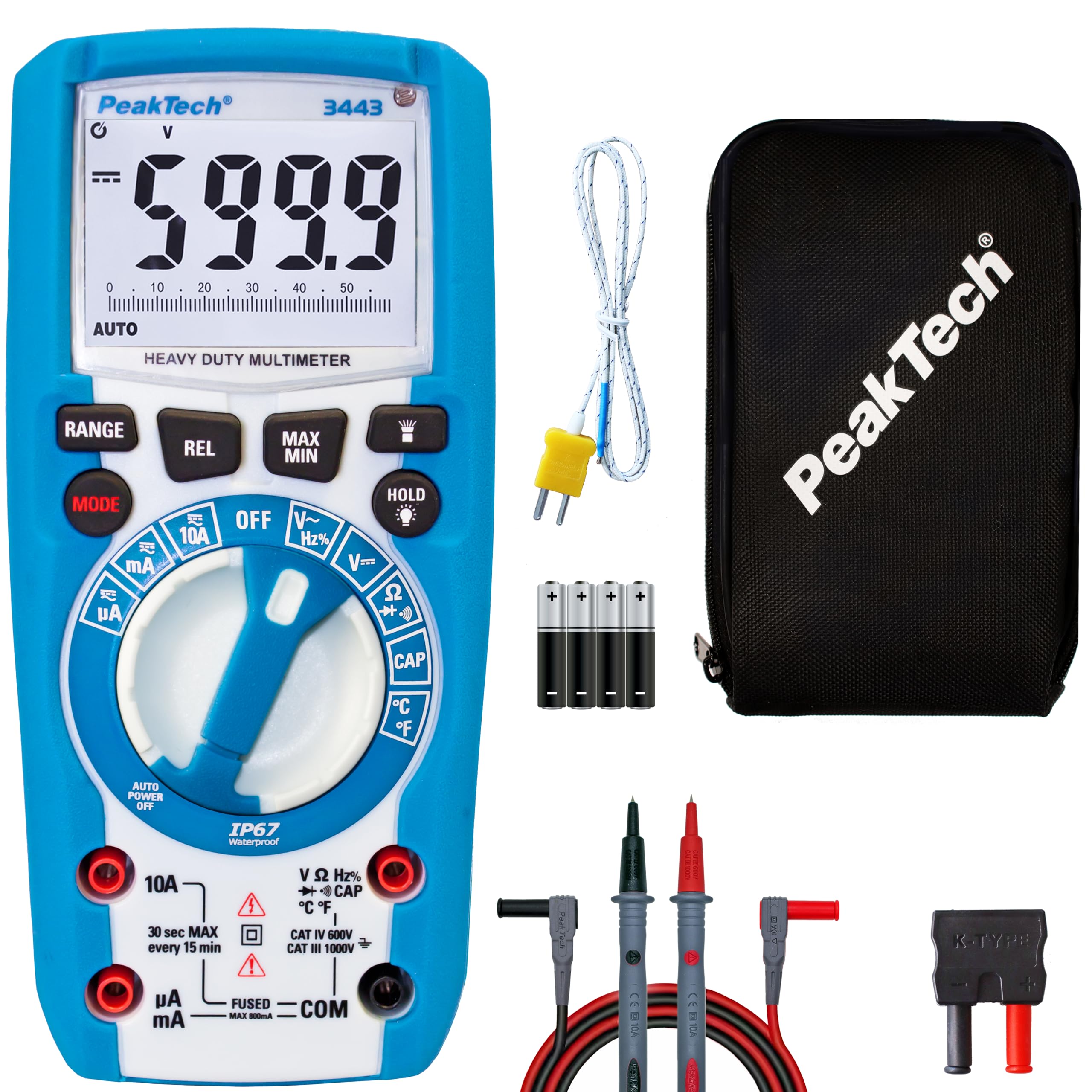 PeakTech 3443 - Digital Multimeter with LED Lighting, Dust- and Waterproof (IP67), 6.000 Counts, Extremely Robust Case, Pocket Multimeter, Voltmeter, Continuity Tester, LCD Dispaly - CAT III 1000V