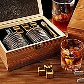 Whiskey Glasses Set of 2 - Whiskey Gifts Set with 6 Gold Chilling Stones，Whiskey Glass and Stones Set ，Unique Bourbon Gifts for Men Dad Birthday Anniversary Father's Day Christmas