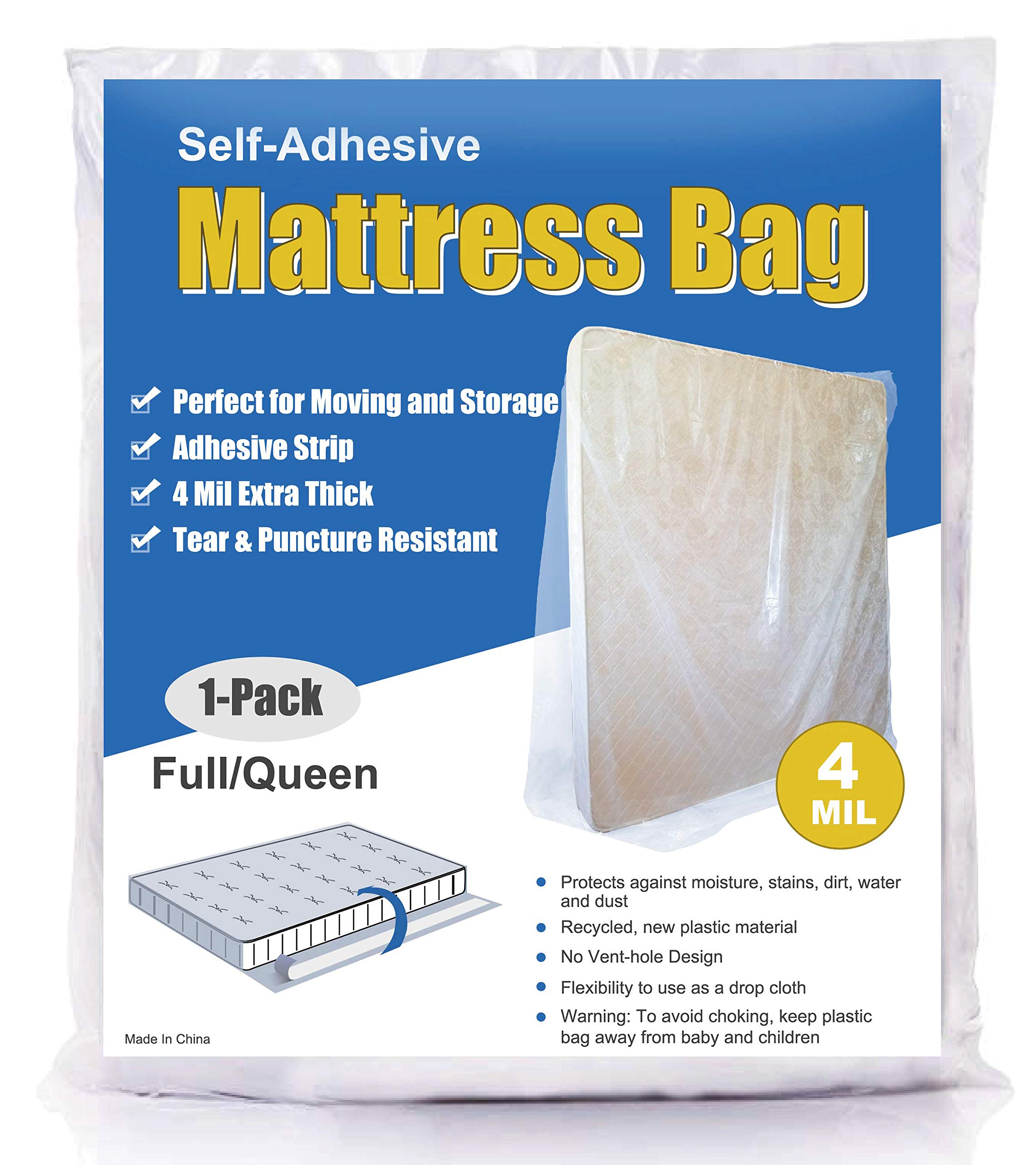 Photo 1 of ComfortHome 4 Mil Extra Thick Sealable Mattress Bag with Adhesive Strip for Moving and Storage, Heavy Duty, Fits Twin Full and Queen Size, 1-Pack