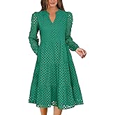 ANRABESS Womens Long Sleeve V Neck Midi Dresses Hollow Out Eyelet Casual Tiered 2025 Fall Beach Vacation Dress with Pockets