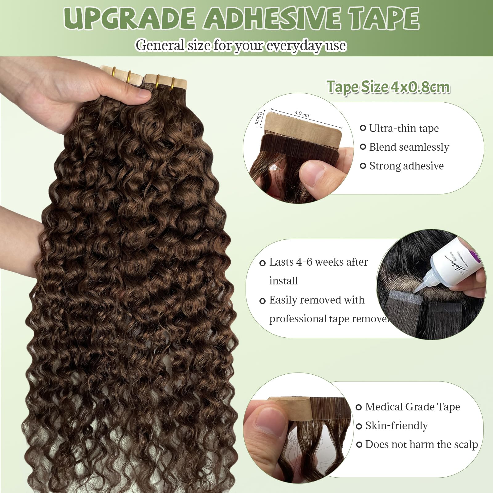 Condition photo showing New/Like New for tape in hair extensions human hair, 18 inch human hair tape in extensions 20pcs medium brown curly tape ins human hair extensions for women water wave seamless tape in hair extensions real human hair