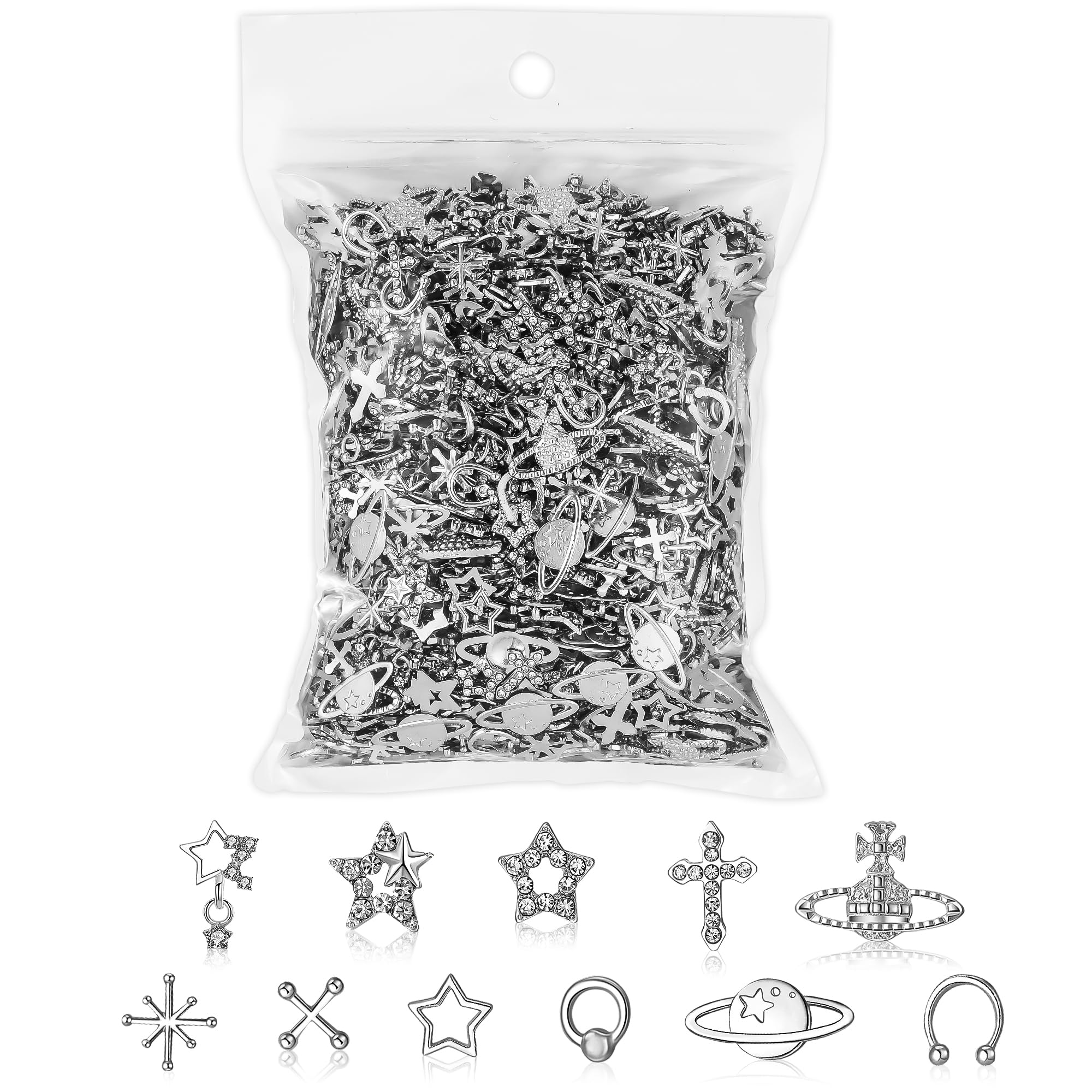 Photo 1 of TemBelle 165PCS Silver Nail Charms Bulk Set with Star, Planet, Cross & More; 165 Count; Metal Alloy with Rhinestones; Mix Shape; Nail Art Accessories
