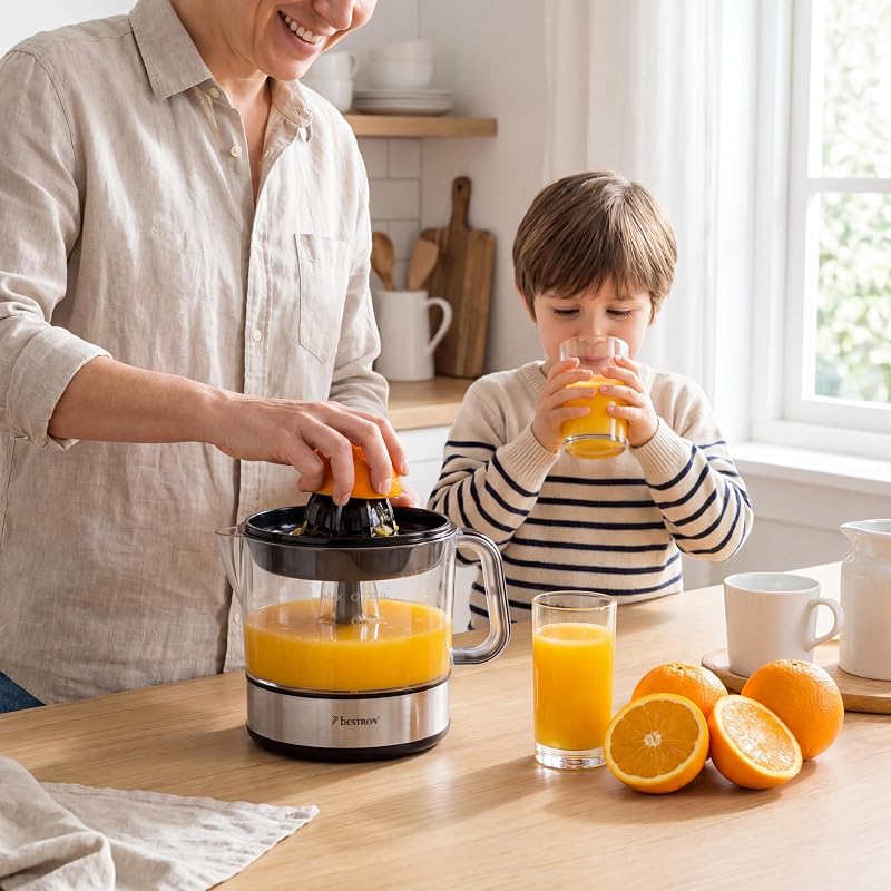 Bestron espremedor elétrico de frutas cítricas e laranja, incl. 2 cones espremedor e tampa aromática, motor com dois sentidos de rotação (esquerda/direita), capacidade: 0,7 litros, 40 watts, cor: prata
