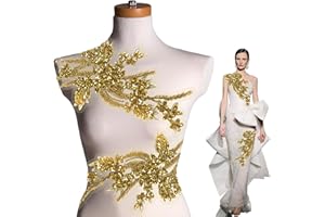 PAKJCKERM Handmade Rhinestone Applique one Pair Heavy Process Sewing Beads Stones Trim lace Patches Accessory Embroidery Decorat for Dress Clothes Prom Party Wedding Shiny Pair Appliques Embellishments(Gold)