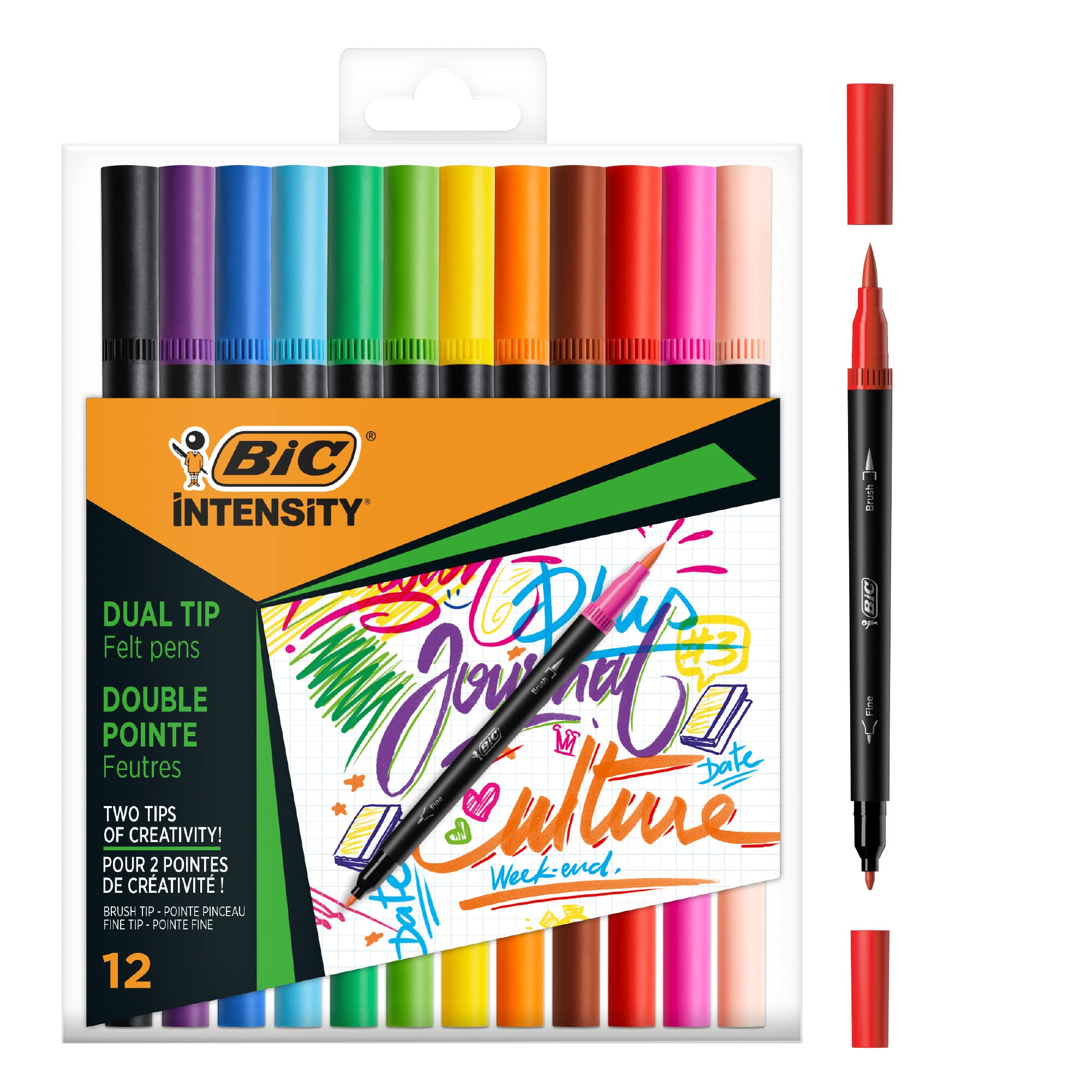 Bic Intensity Felt Tip Pens, Dual Tips with Fine and Brush Tips, Vibrant Colouring Pens, School Supplies for Kids or Adults, 12 Pack