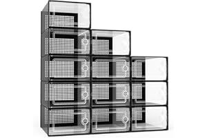 Potahouse® Shoe Storage Organizer, 12 Pack X-Large Stackable Shoe Box with Lids, Fit US Size Women's 12 Men's 11, Sneaker Storage Container Space Saving for Entryway Closet Dorm, Black