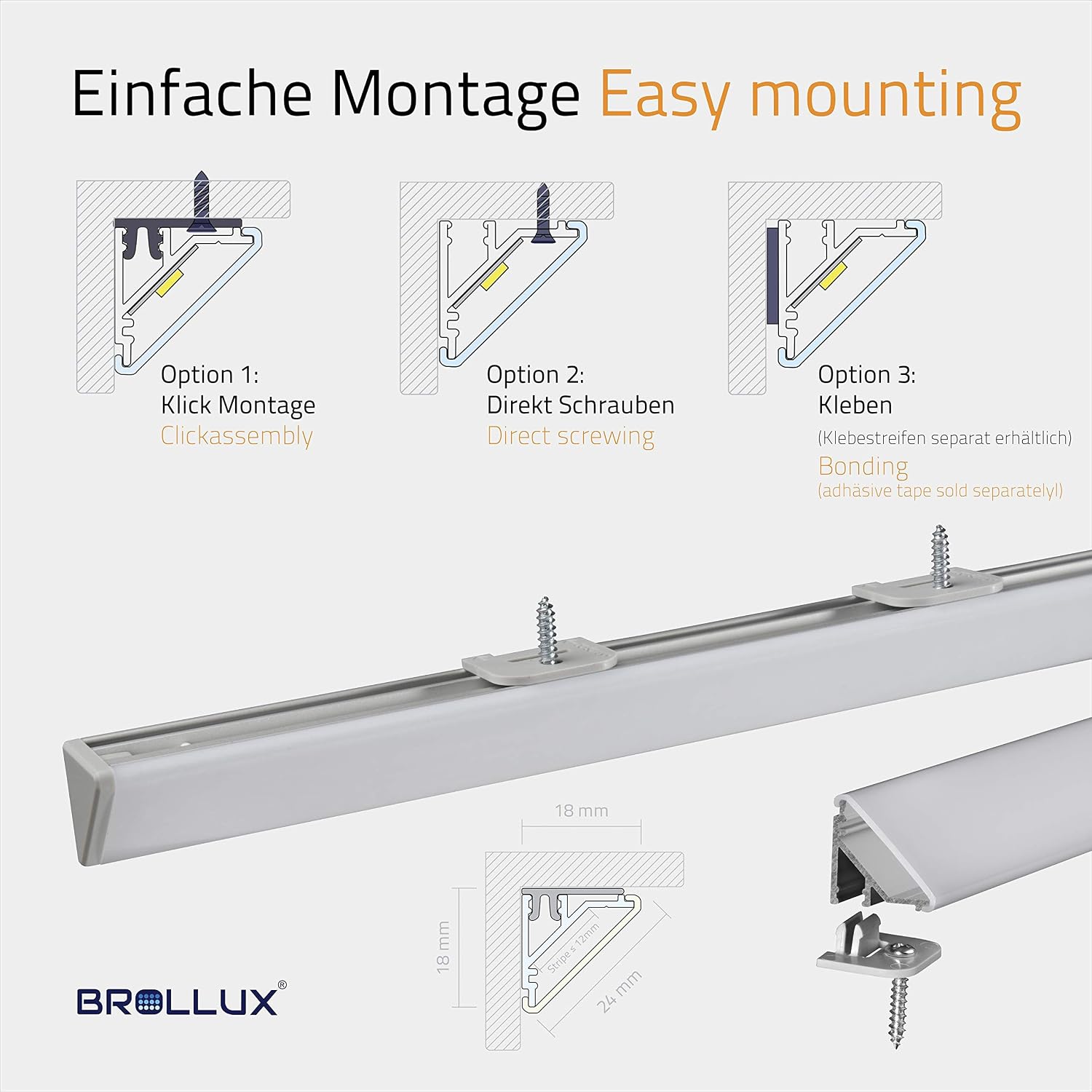 Brollux LED Corner Profile V24, Set 2 m (2 x 1 m) Aluminium Profile 45 Degree Corner Aluminium for LED Strip Light Strip - Image 4