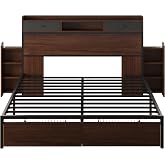 LIKIMIO Queen Bed Frame with Storage Headboard, Charging Station, Drawers | Queen storage bed frame with 4 drawers, 2 pull-out nightstands, storage shelf, mid-century modern style, walnut