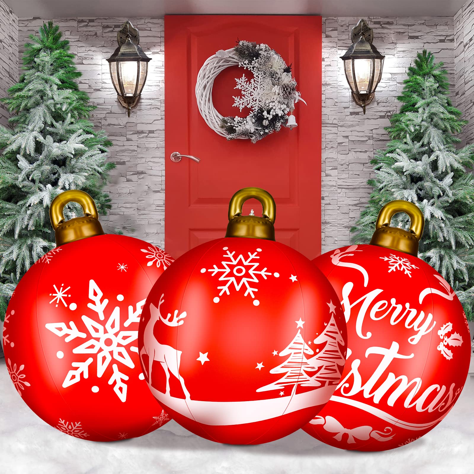 Photo 1 of Jetec 3 Pcs 32 Inch Giant PVC Inflatable Christmas Ball Inflatable Decorated Ball Large Xmas Inflatables Ornaments Decorations for Xmas Holiday Outdoor Blow up Yard(Red,Snowflake)
