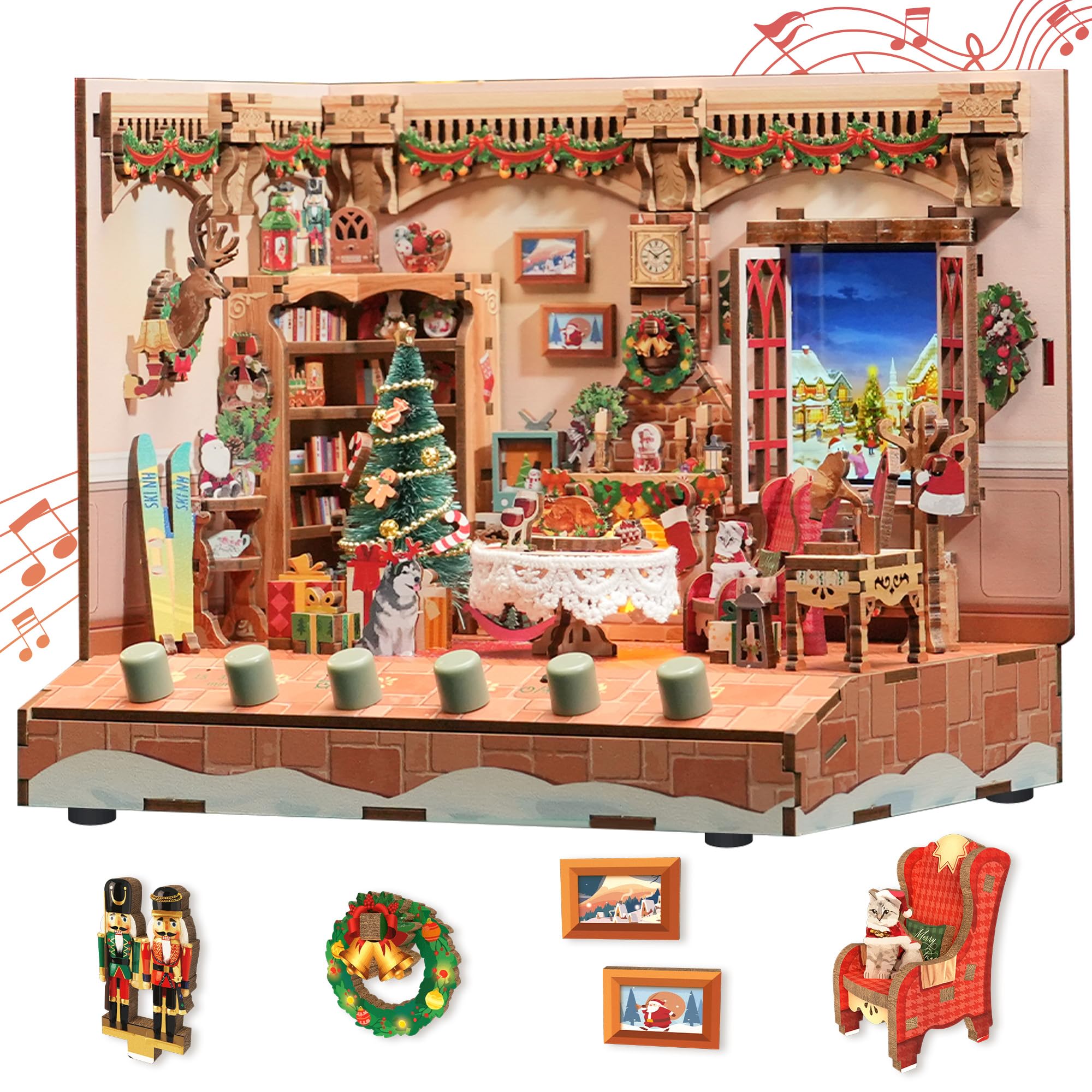 Tonecheer DIY Miniature The Christmas Cottage Mini House Model Kits for Adults to Build 3D Wooden Puzzle with Sound Effects, Mini Room Making Kit Bookshelf Decoration for Women Men
