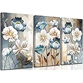 3 Pcs Modern Luxury Lotus Flower Canvas Wall Art White and Blue Floral Painting Pictures Wall Decor Posters Print Artwork for Living Room Bedroom Bathroom Office Home Decoration
