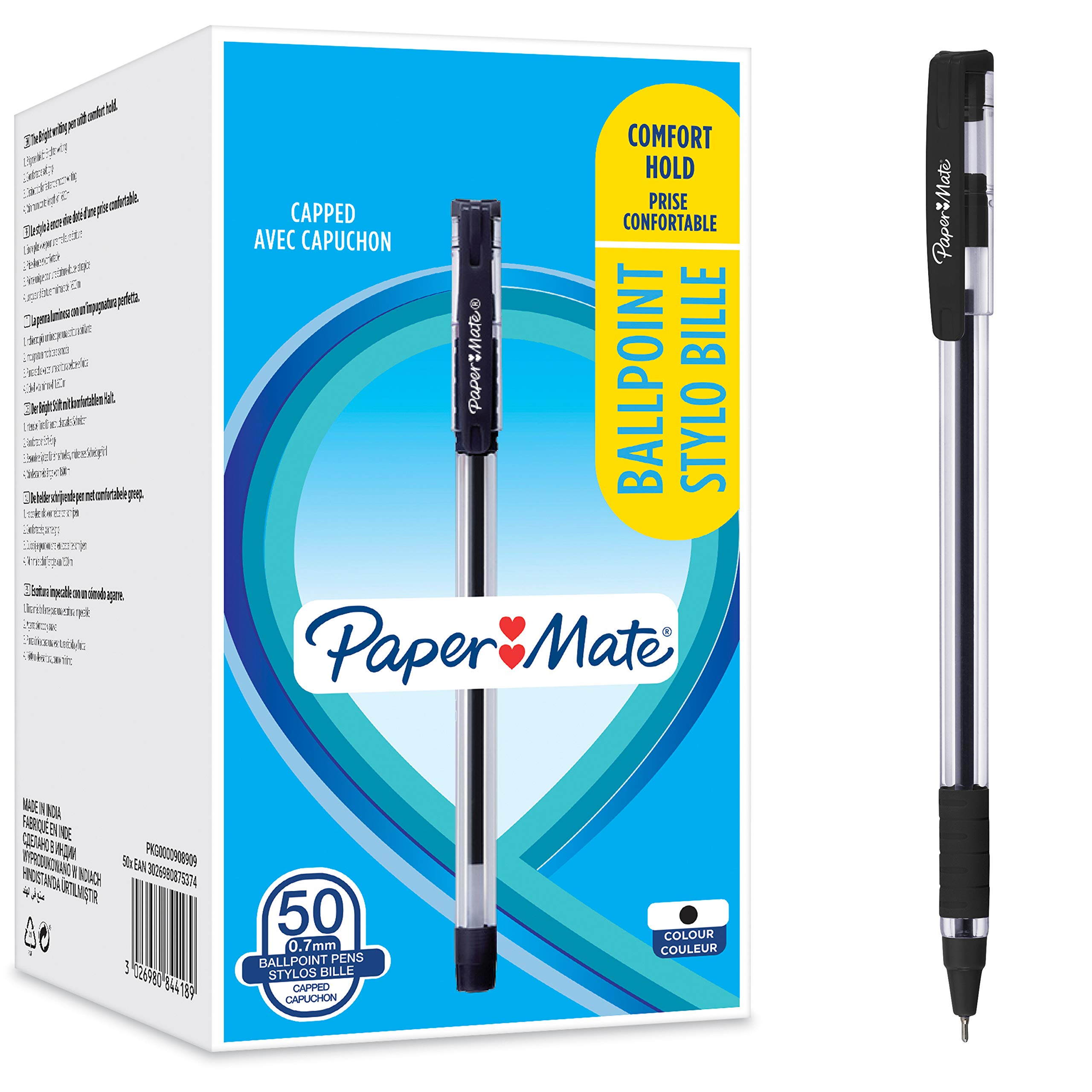 Paper Mate Ballpoint Pens, Comfort Grip, Fine Point (0.7 mm), Black, 50 Count