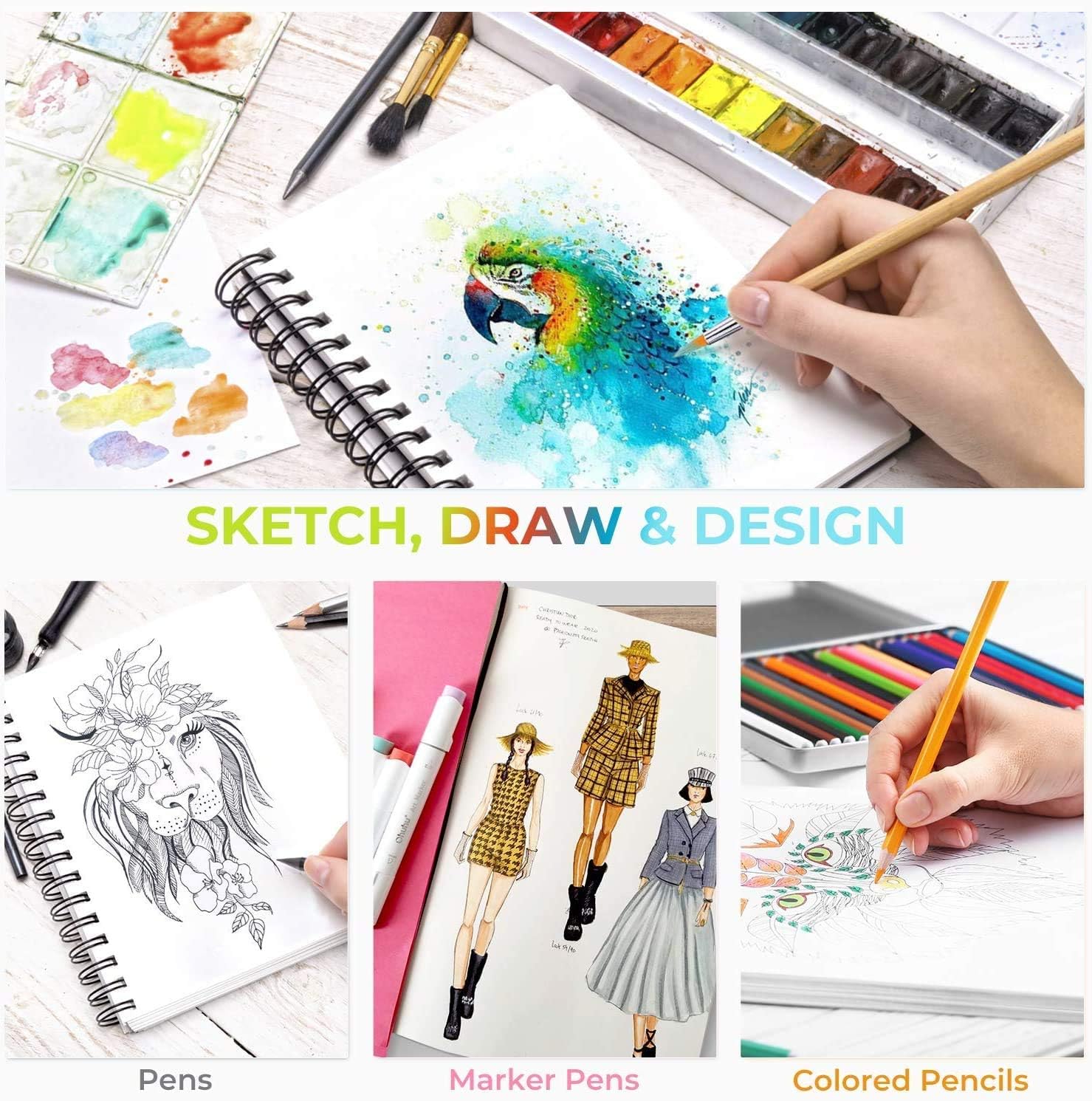 Ohuhu Mixed Media Sketchbook, 200gsm Spiral Bound, 124 Pages (62 Sheets) Acid-Free Paper for Watercolour Acrylic - Image 3
