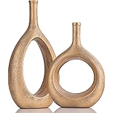 Gold Ceramic Hollow Elliptical Vase Set of 2 - Boho Circle Vase with Hole, for Modern Gold Table Decor, Living Room Decor She