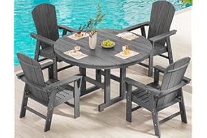 SERWALL 5-Piece Patio Dining Sets, HDPE Outdoor Table and Chairs Furniture Set, 45" Round Dining Table and 4 Adirondack Dining Chair, Grey