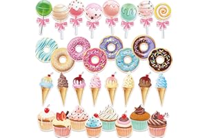 Sepamoon 32 Pcs Christmas Candy Decorations Includes Ice Cream Donuts Lollipop Cupcakes Cutouts Trunk or Treat Car Decorations Kit Sweet Birthday Supplies with Glue Point Dots for Christmas Decor