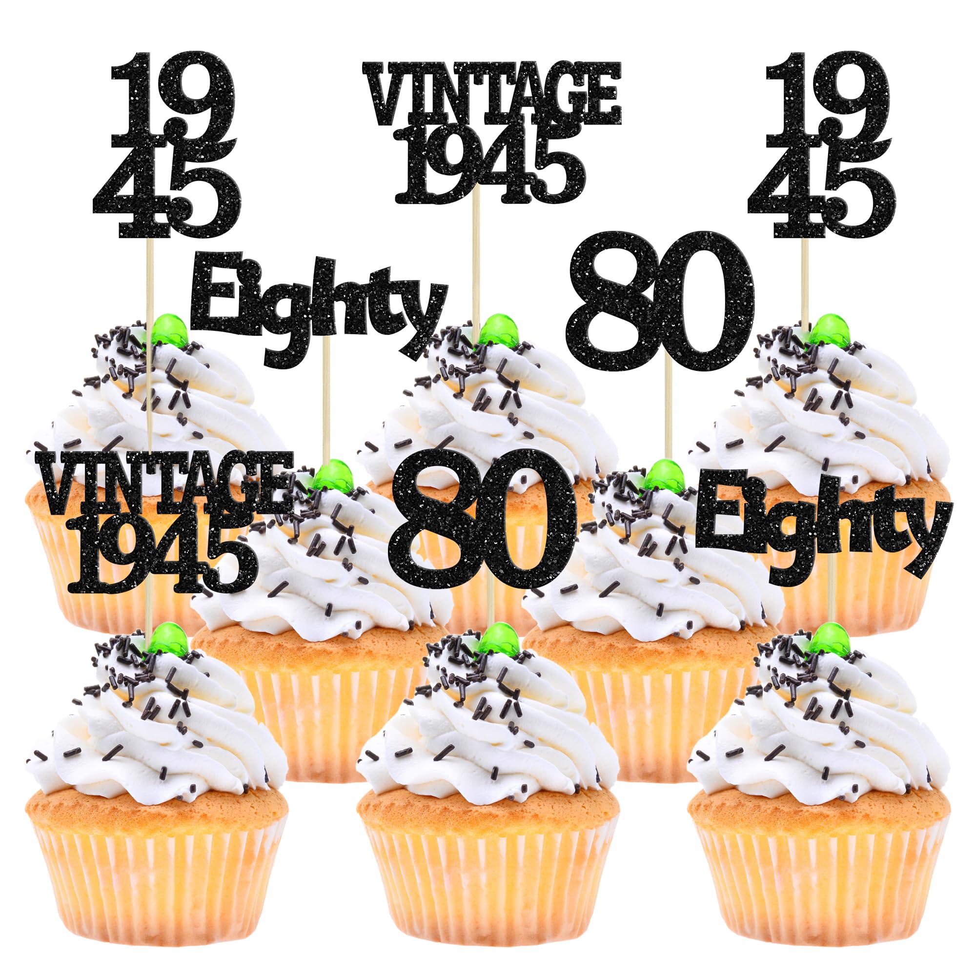 Gyufise 24Pcs Vintage 1945 Cupcake Toppers Glitter Cheers to 80 Fabulous Eighty Cupcake Picks 80th Birthday Wedding Anniversary Party Cake Decorations Supplies Black