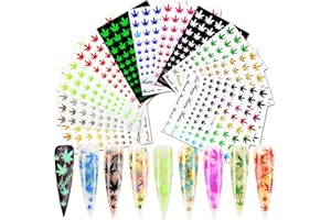 MAIOUSU STORE MiaoWu 12 Sheets Pot Leaf Nail Art Stickers Self-Adhesive 3D Maple Leaf Nail Stickers Fall Nail Art Decals Glitters Flakes Autumn Nail Supplies Colorful Weed Leaves Design for DIY Nail