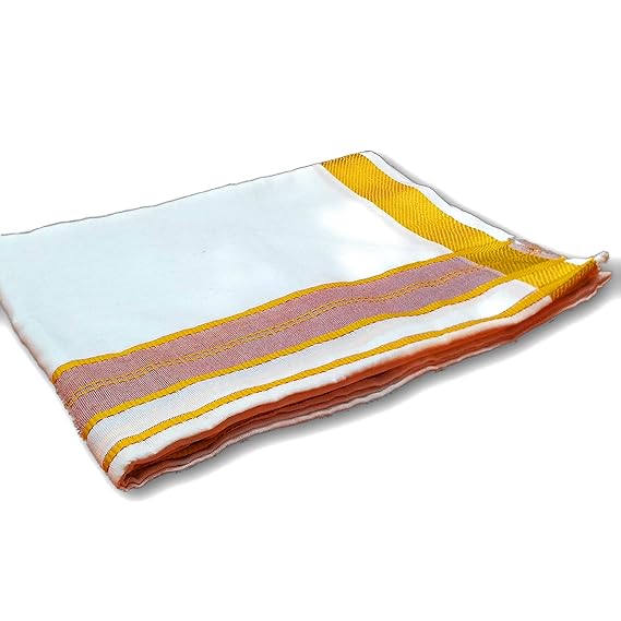Men's Cotton White Dhoti Mundu with Golden/yellow border 4.5 m long