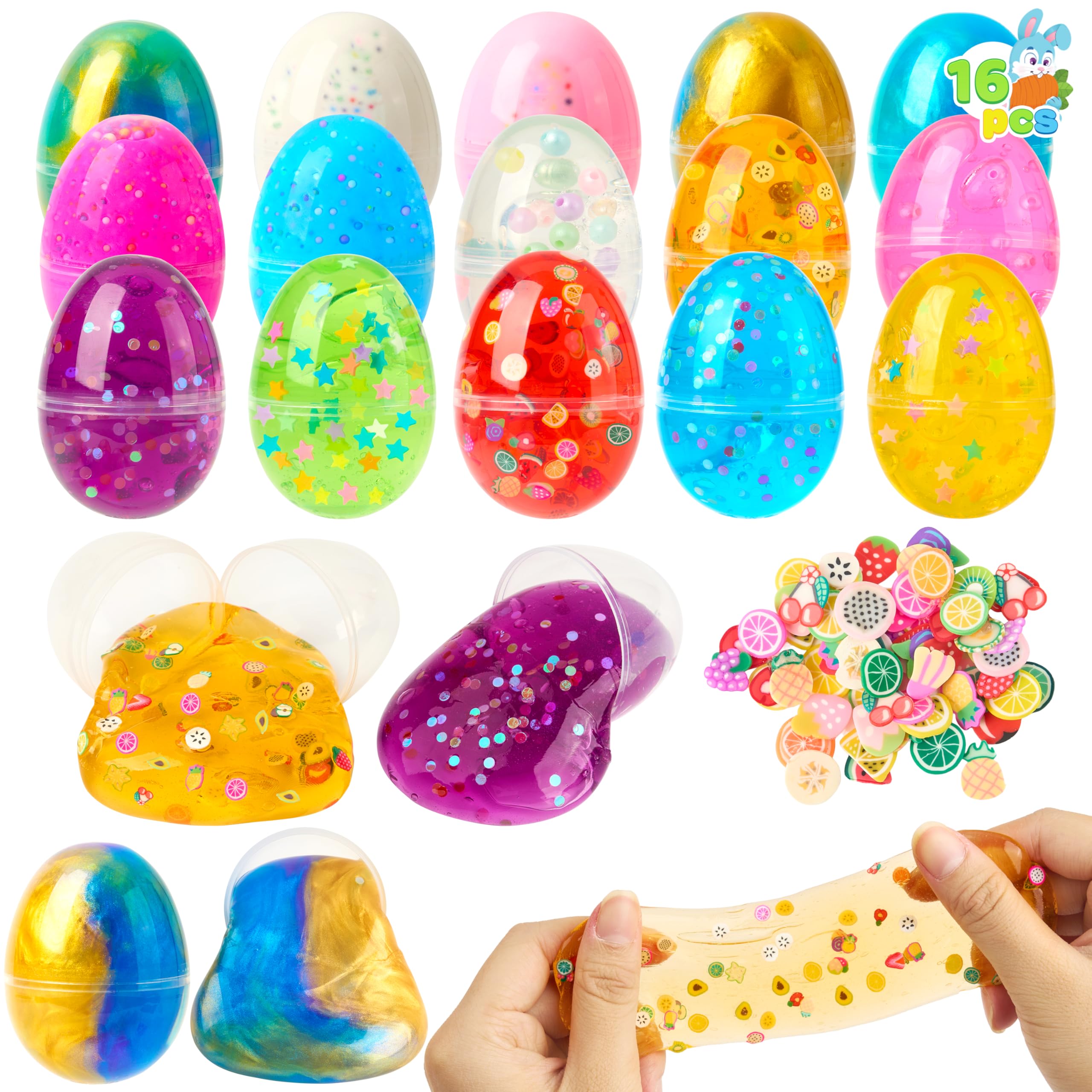 JOYIN 16 Pcs Prefilled Easter Eggs with Crystal, Galaxy, Slime and Confetti Stress Relief for Kids Easter Party Favors Supplies, Eggs Hunt, Basket Stuffers Fillers