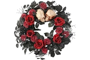 BINFEN 20" Halloween Wreaths for Front Door, Black Eucalyptus Leaves with Glitters, Red Roses, Skull, Gothic Wreath Horror Room Decor