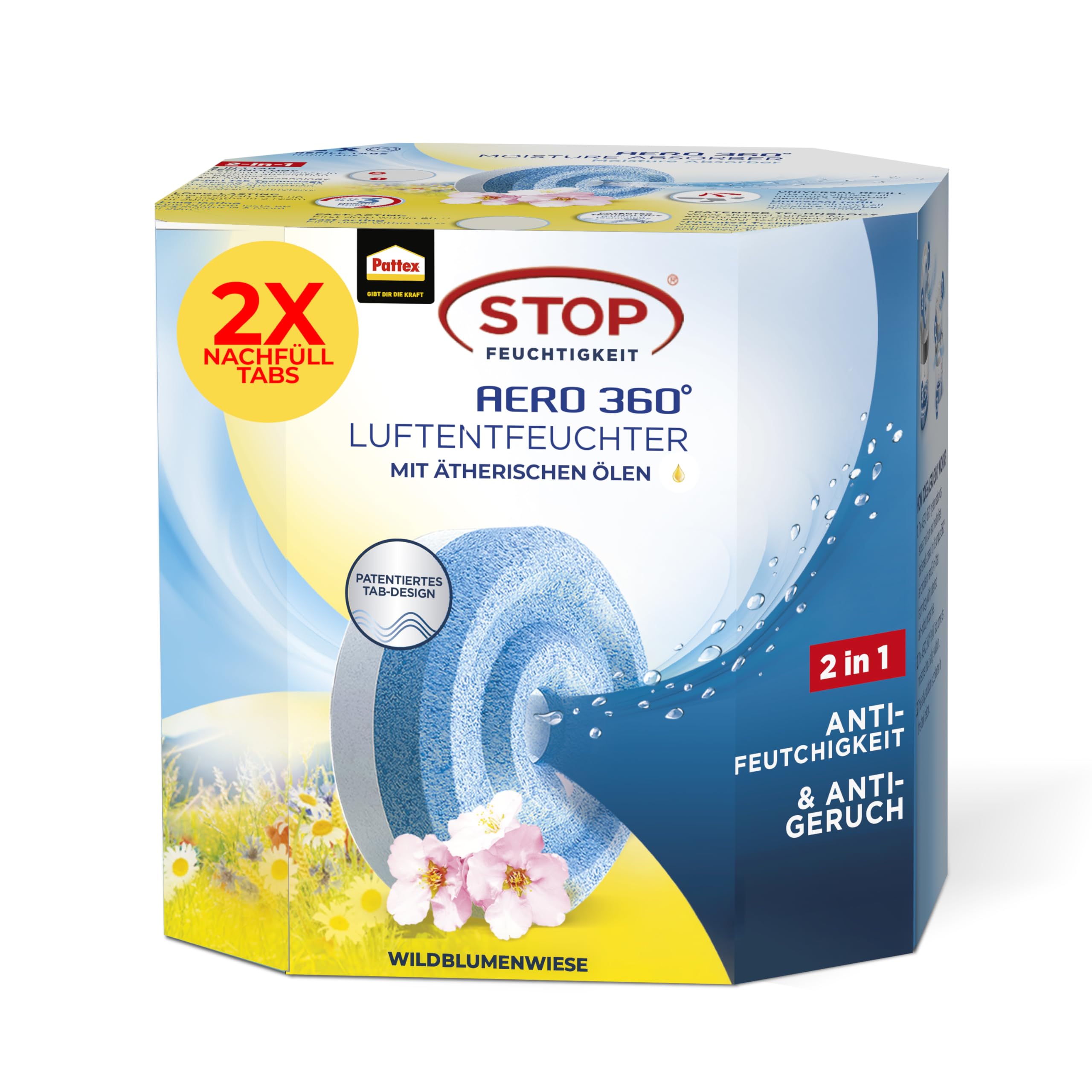 Pattex AERO 360° Wildblumenwiese Tabs Nachfüllpack, reduzieren Feuchtigkeit und schlechte Gerüche, Nachfülltabs für den Luftentfeuchter AERO 360°, 2er-Pack (2x450g)