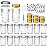 Datttcc 8 oz Mason Jars, Canning Jars,Jam Jars forJelly,Honey, Wedding Favors, Food Storage,Kitchen & DIY Gifts, with Lables,Sponge Brush,Pen,Set of 16