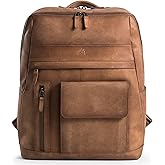 Brown Leather Backpack for Men & Women - Large Capacity Laptop Travel Backpack with 17" Sleeve - Vintage Travel Bag with Adjustable Straps, Multiple Pockets & Trolley Sleeve - 34cm x 15cm x 40cm