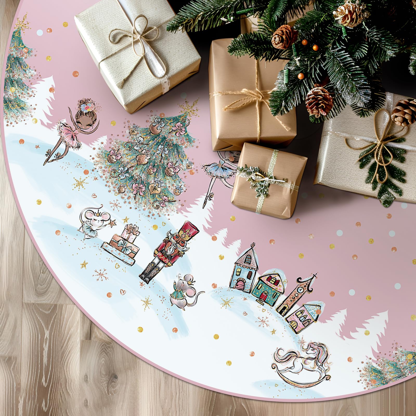 Tian Zhun Christmas Tree Skirt Pink Dance Tree Skirt 30 Inch Xmas Party Winter Holiday Tree Mat for Indoor Outdoor Decorations