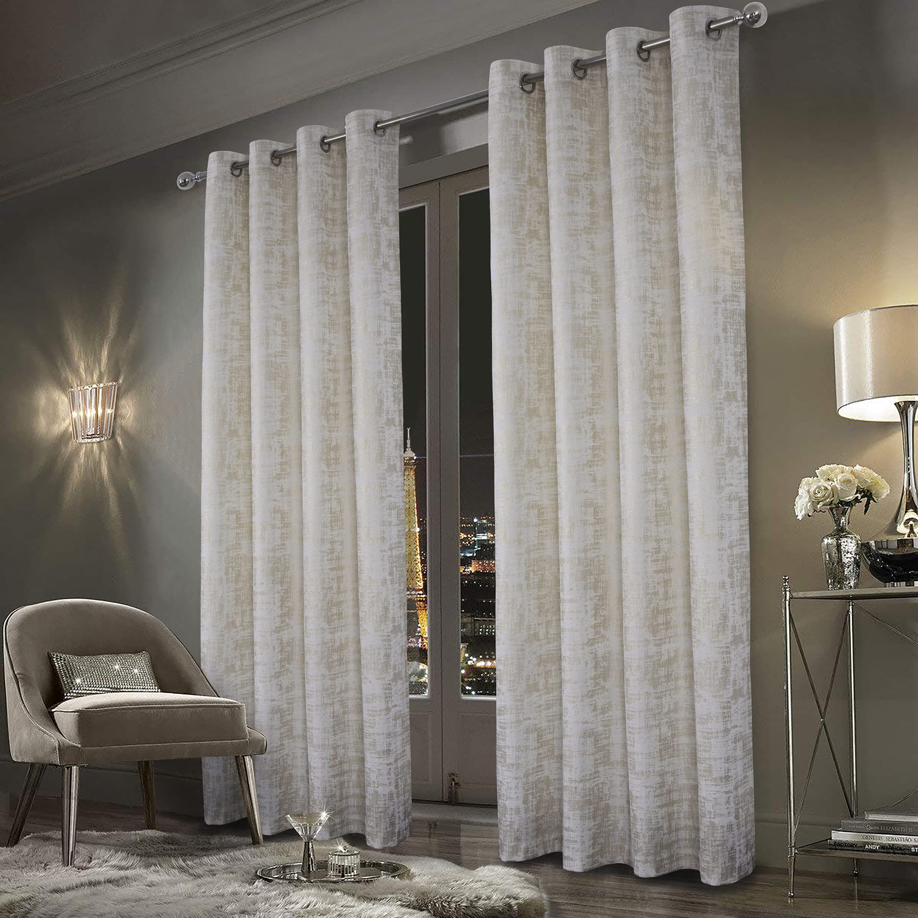 always4u White Soft Velvet Curtains, 84 Inches Length, Luxurious Bedroom Curtains, Gold Foil Print, Window Treatments for Living Room, Set of 2