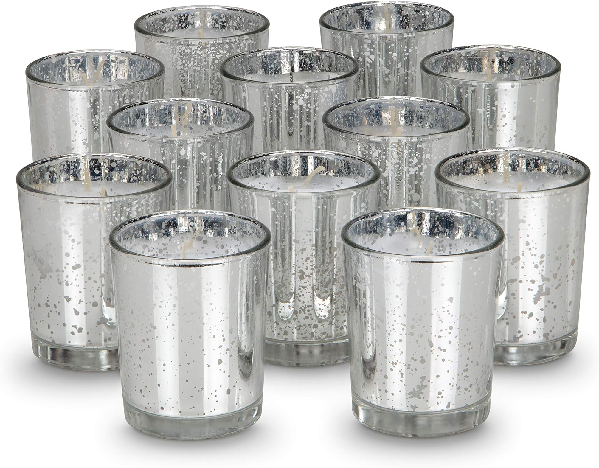 10 Hour Votive Candles with Holders 12-Pack Silver Decorative Glass Home Decor, Beautiful Living Room, Kitchen, Bathroom Lighting | Long-Lasting Wax