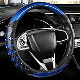 QCYP PU Leather Car Steering Wheel Cover with Anti-Slip Grip, for Women and Men, Universal Fit for 14.5-15 Inch Cars, Trucks, SUVs (Blue (Round), Medium(Standard) Size[14 1/2''-15''])