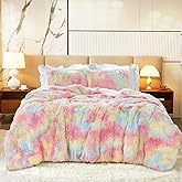Luxury Faux Fur Shaggy Comforter Set Twin Size, Plush & Sherpa Reversible Comforter Tie Dye Rainbow, 3 Pieces Fluffy Fuzzy Bedding Set Ultra Soft and Warm for Winter (1 Comforter + 2 Pillowcases)