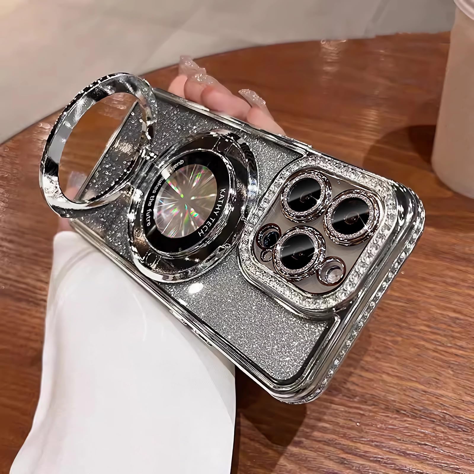 Photo 1 of LXK Magnetic Stand for iPhone 16 Pro Max Case, [Compatible with Magsafe][Built-in Camera Lens Protector] Glitter Bling Card & Soft TPU Diamonds Bumper Protection Cover for Women Girls 6.9" Silver