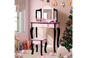 Costzon Kids Vanity Table and Chair Set, Girls Vanity Set with Mirror and Stool, Storage Drawer, Wooden Princess Makeup Dressing Table, Vanity Set for Little Girls