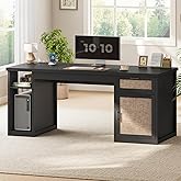 SEDETA 55.1" Rattan Computer Desk with Drawers, Office Desk with Drawers & Storage Cabinet, Farmhouse Home Office Desk with S