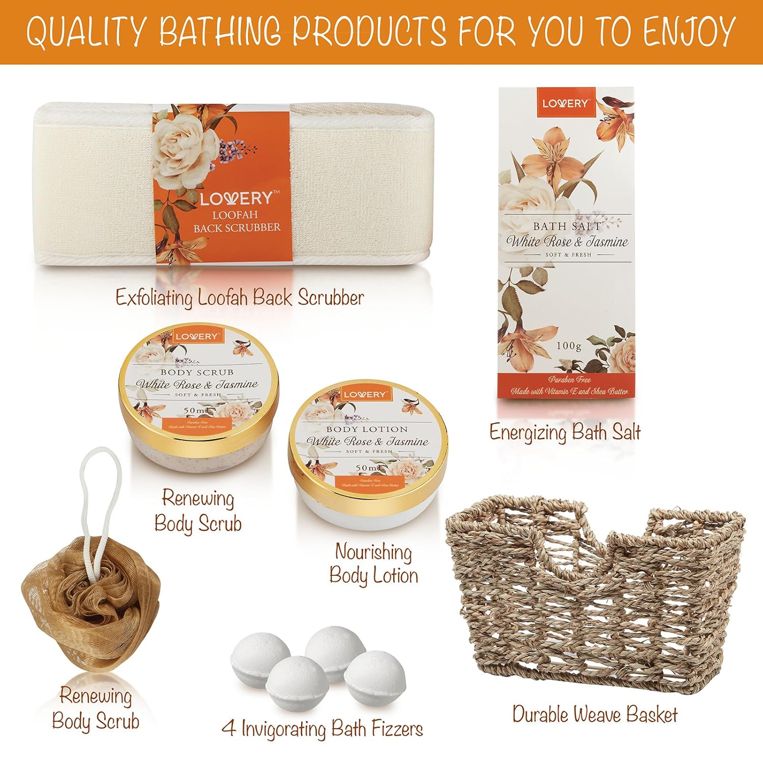 Home Spa Gift Basket - White Rose & Jasmine - Luxury 11 Piece Bath & Body Set for Women, Christmas Gift with Shower Gel, Bubble Bath, Body Lotion, Scrub, Bath Salt, 4 Bath Bombs, Loofah & Basket : Beauty