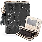 KITEVIUN Women RFID Blocking Small Bifold Wallet, Compact Cash Clutch with Zipper Coin Pocket, Glittery Butterfly Design, Credit Card Holder, Travel Purse with Tassel BLACK