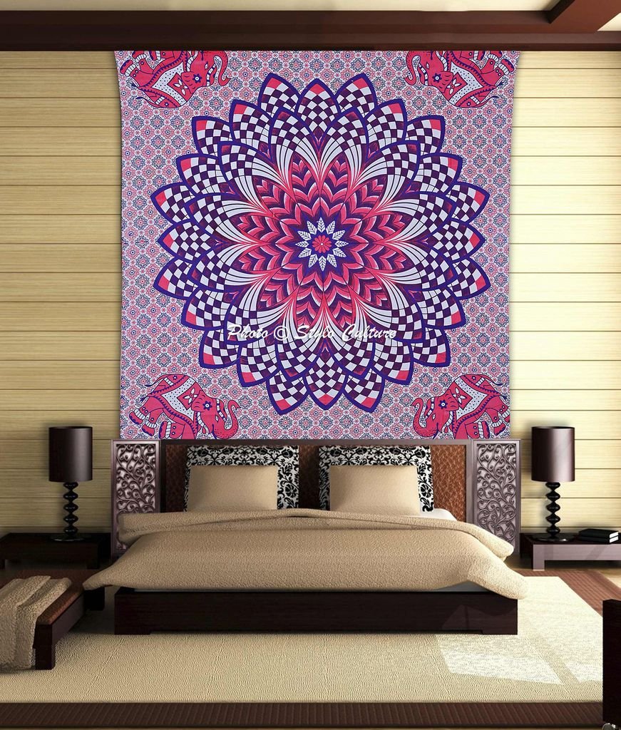 Stylo Culture Elephant Mandala Tapestry Cotton Pink Purple Queen Printed Floral Wall Hanging
