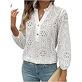 GORGLITTER Women's Eyelet Tops Embroidery 3/4 Sleeve Ruffle Notched Neck Boho Blouse Shirt Fall Trendy 2025