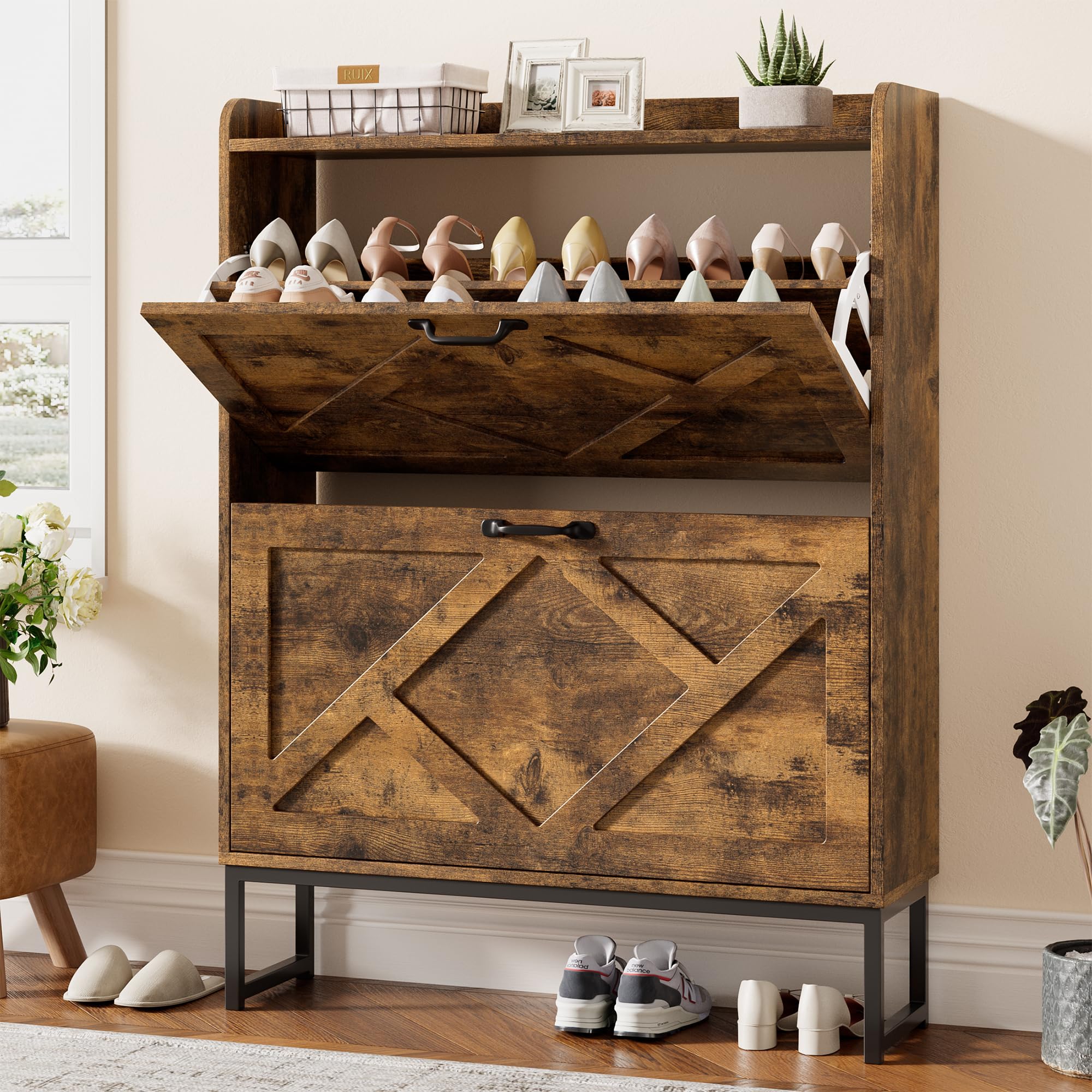Photo 1 of ***FACTORY SEALED***Nicetree Shoe Cabinet with 2 Flip Drawers, Freestanding Shoe Organizer with Metal Legs, Narrow Shoe Rack Cabinet, Farmhouse Slim Shoe Storage Cabinet for Entryway, Foyer, Hallway, Rustic Brown
