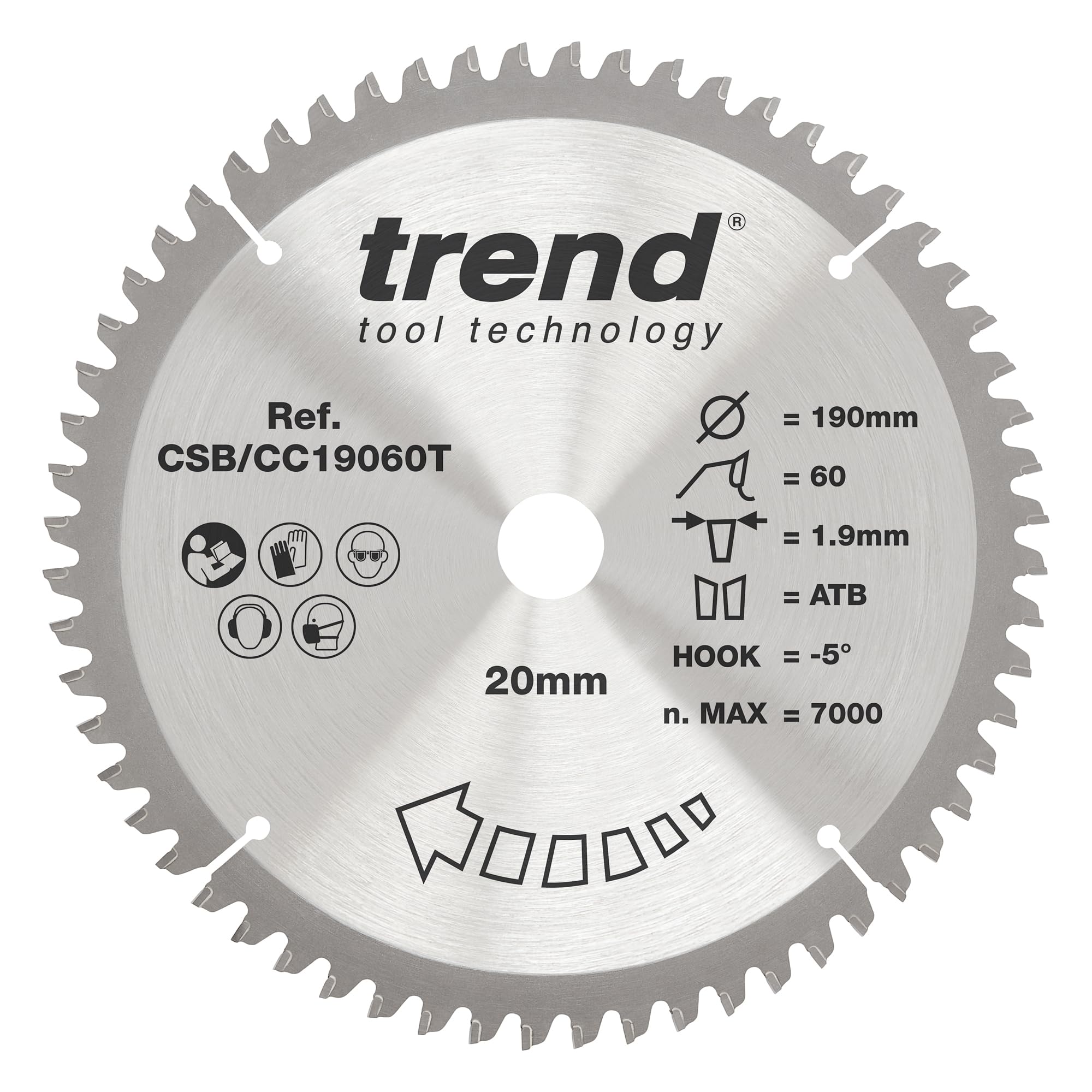 Trend Wood Cordless Mitre Saw Blade, 190mm Diameter, 20mm Bore, 60 Teeth, 1.9mm Kerf, -5° Hook, TCT, Extra-Fine Finish, CSB/CC19060T
