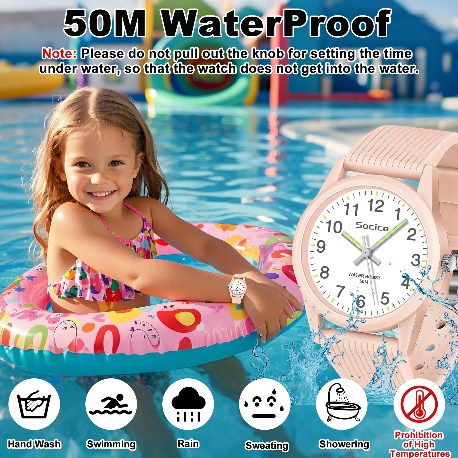 SOCICO Kids Analog Watch for Boys Girls, Easy to Read Learning Time Watch, 50M Waterproof, Soft Band Wristwatch for Ages 4-12, Great Gift for Children