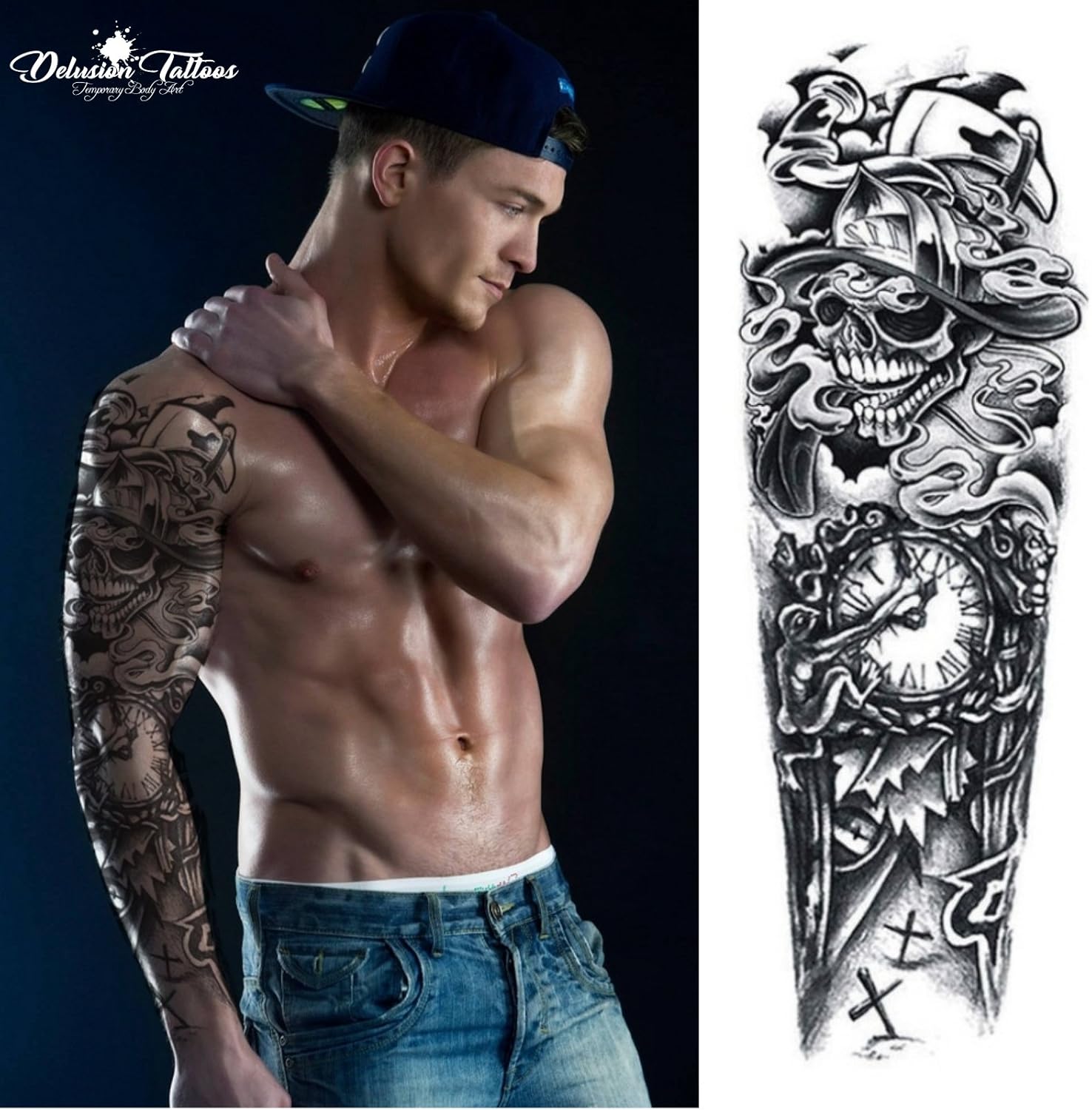 Temporary Tattoo Sleeve Realistic Transfer Sticker Death Skull Clock Fireman Axe Arm Leg Black Mens Womens Kids Waterproof Amazon Co Uk Beauty